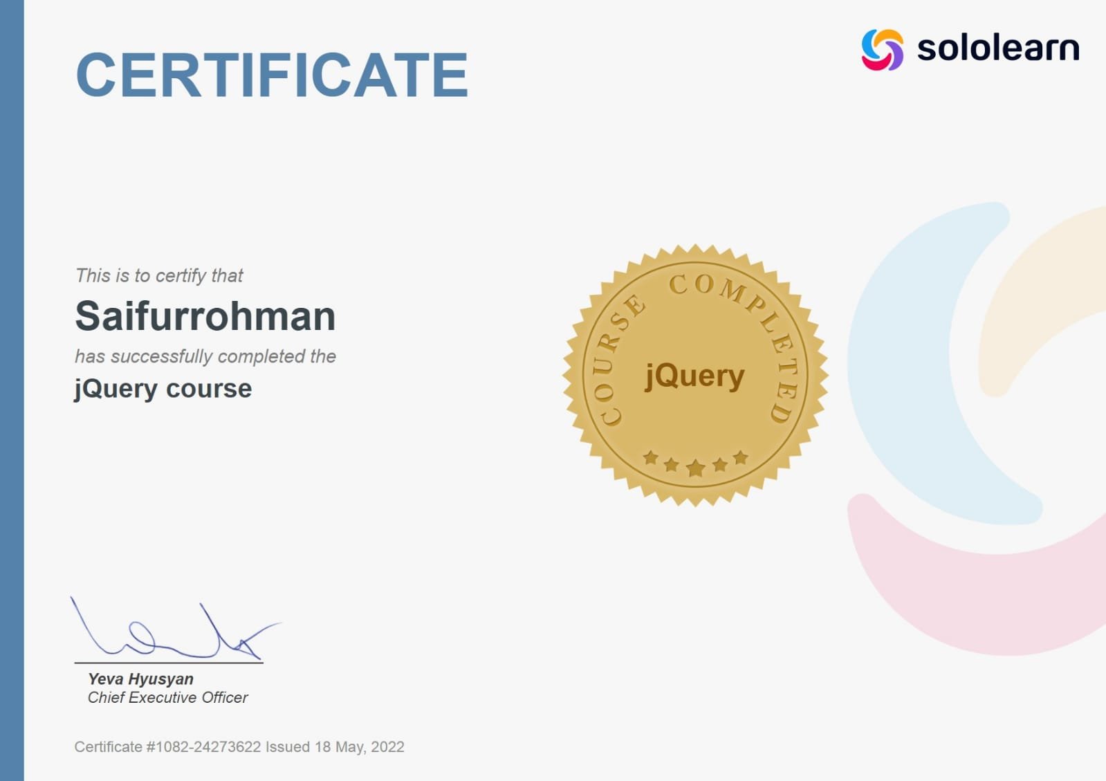 Sertifikat Sololearn jQuery Course