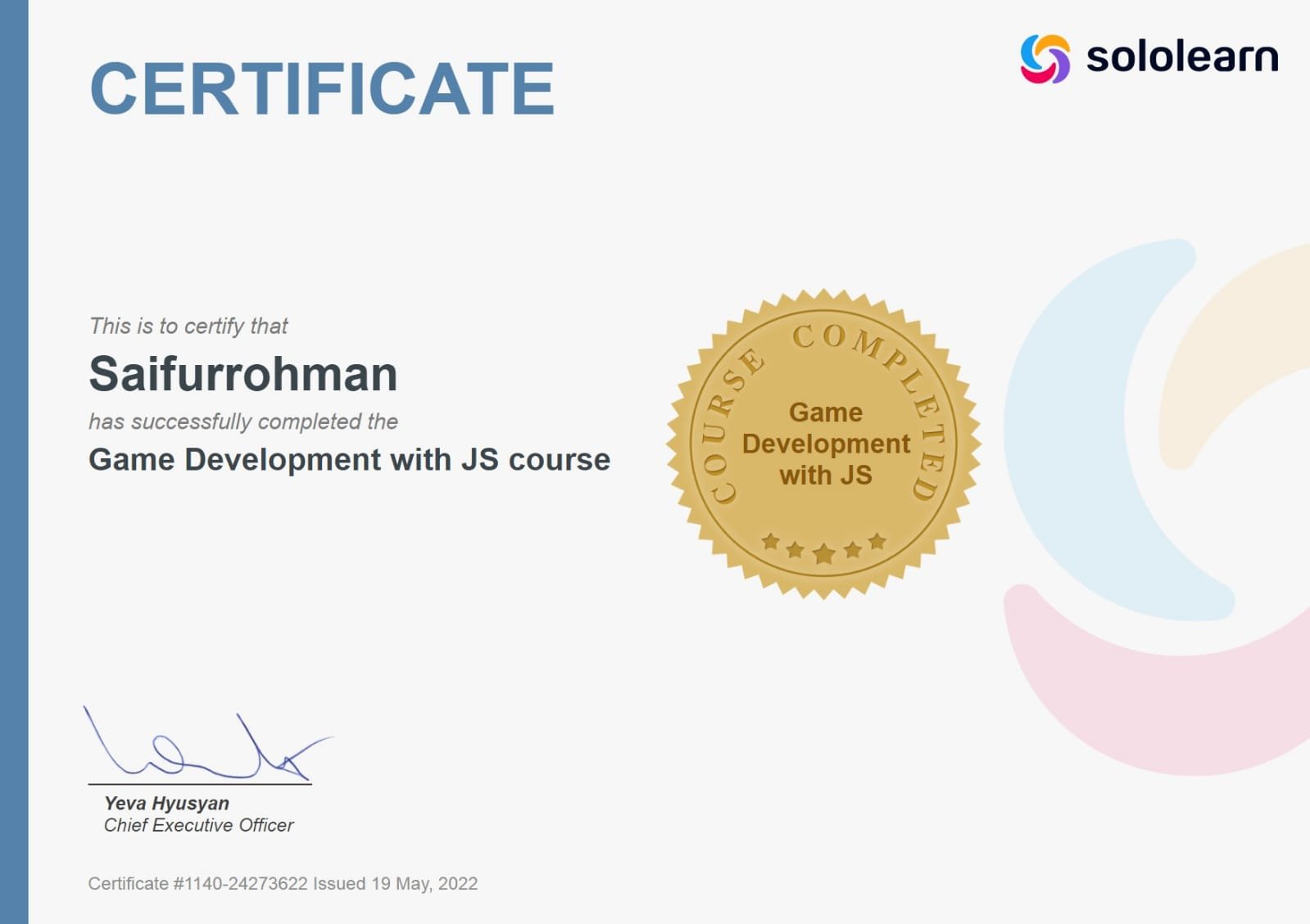 Sertifikat Sololearn Game Dev with JS Course